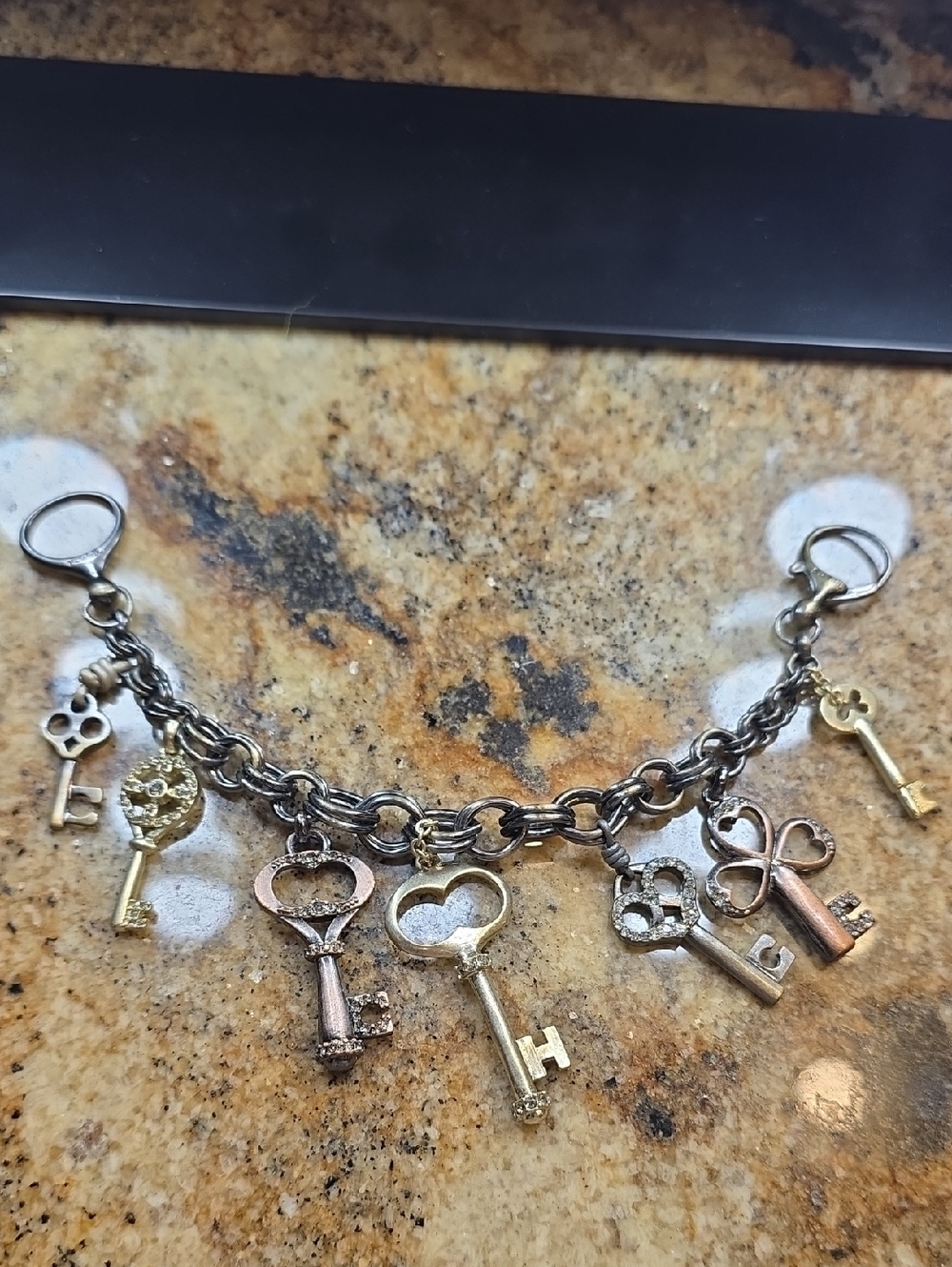 HTF Retired Fossil Mixed Metal Key Charm Bracelet - Gold & Bronze Tone